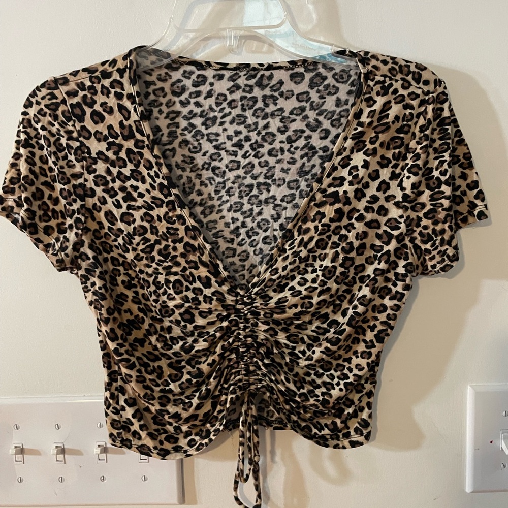 Leopard Print Ruched V-Neck Short Sleeve Top - Brown Size L